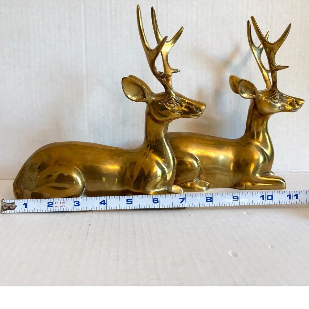 Vintage Large Solid Brass Reclining Deer Figurines Set of 2 MCM Buck Statues 8
